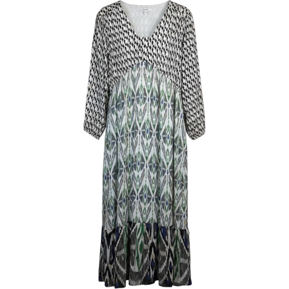 Chicos Mixed Ikat Geo Print Maxi Dress Gold Foil V-Neck‎ 3/4 Sleeve sz3 Boho